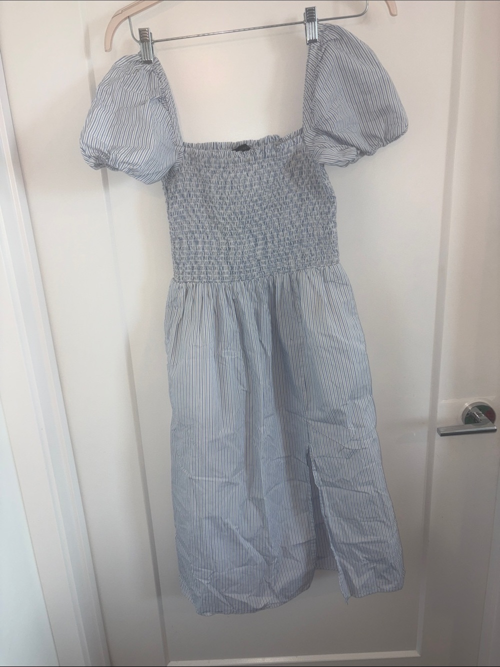 J. Crew Light Blue & White Pinstripe Puff-Sleeve Kids Dress